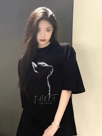 美式复古正肩纯棉短袖t恤女夏宽松大码半袖慵懒风chic港味上衣服商品大图