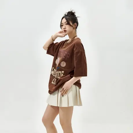 YEP复古美拉德穿搭短袖t恤女夏季2024新款印花情侣装宽松纯棉上衣商品大图