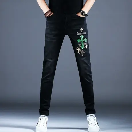 男士黑色刺绣牛仔裤子男款小脚修身2024新款春秋弹力高端潮牌长裤商品大图