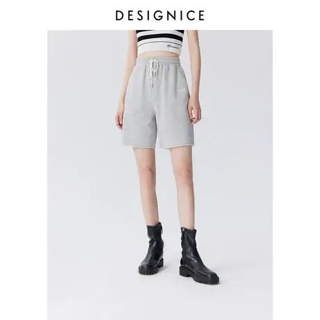 迪赛尼斯春秋新款高腰时尚运动中裤灰色系带薄型休闲卫裤女图片