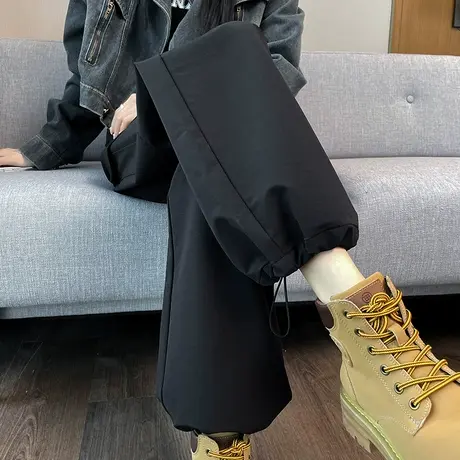 黑色大口袋工装裤女春秋2024新款高腰登山裤休闲阔腿束脚拖地裤子图片