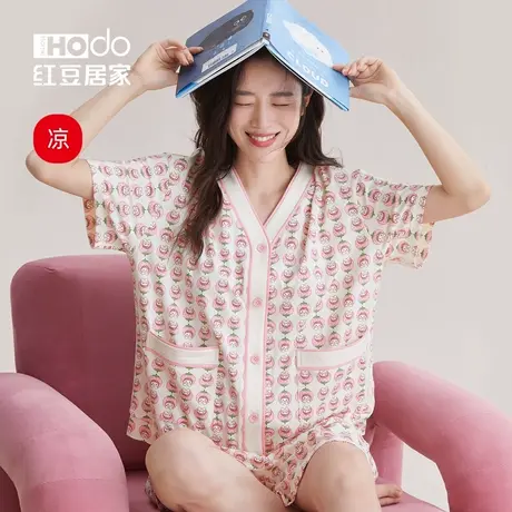 红豆居家夏季短袖女士睡衣短裤套装小香风V领可爱凉爽棉家居服夏商品大图