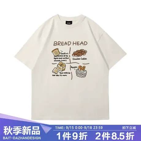 青少年纯棉短袖美式复古街头嘻哈面包排版印花半袖大码情侣T恤夏商品大图