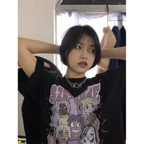 纯棉重磅美式复古短袖t恤女春夏设计感高街潮牌chic港味宽松上衣商品大图