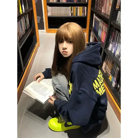 美式复古连帽卫衣女春秋季加绒薄款2024新款宽松慵懒风外套小个子图片