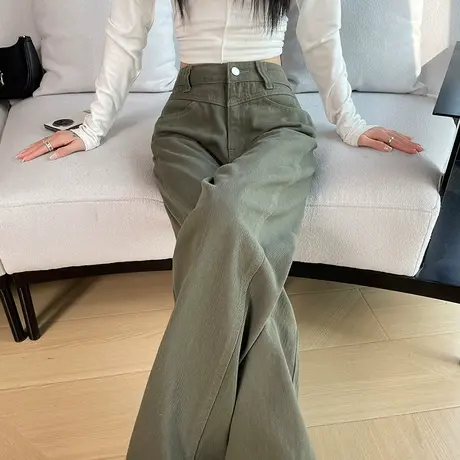 军绿色窄版阔腿牛仔裤女2024春秋新款高腰宽松显瘦休闲香蕉直筒裤商品大图