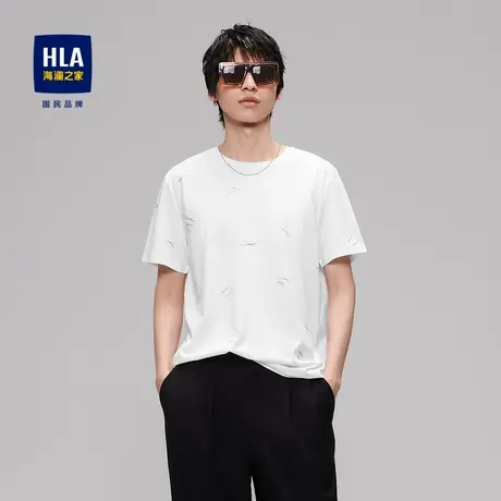 HLA/海澜之家舒适弹力圆领短袖T恤满身撞色花纹上衣男图片
