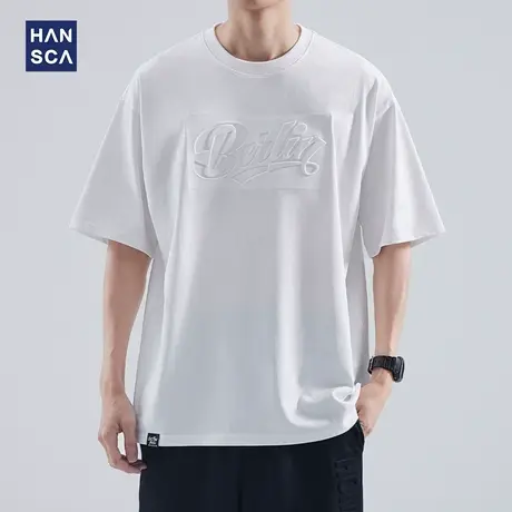 hansca 重磅短袖t恤男士纯棉夏季新款半袖钢印宽松纯色圆领体恤潮商品大图
