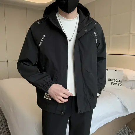 春季连帽冲锋衣外套男潮流韩版简约字母褂子潮牌工装户外休闲夹克商品大图
