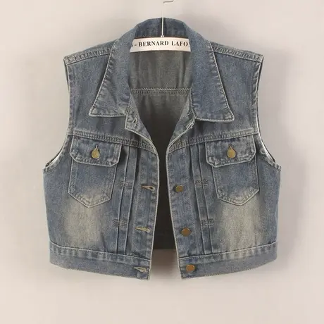 牛仔马甲背心女短款复古压褶休闲春秋高腰新款无袖外套怀旧小外搭图片