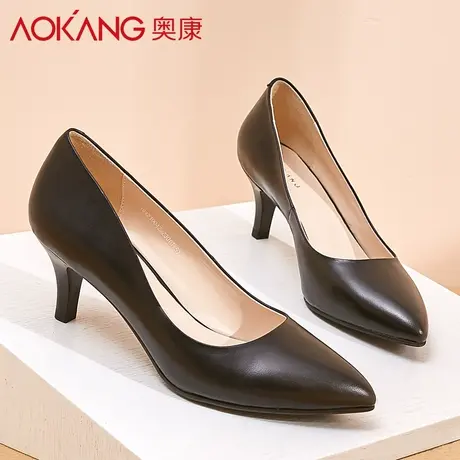 奥康女鞋高跟尖头鞋女细跟新款浅口单鞋百搭工作鞋女小皮鞋商品大图