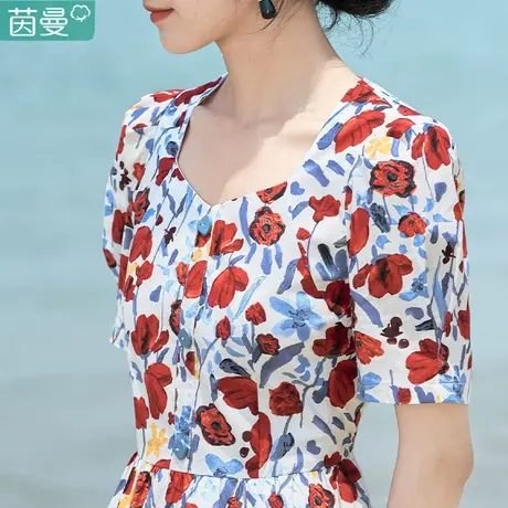 茵曼官方旗舰店复古碎花连衣裙女2024夏季新款方领泡泡袖裙子长裙商品大图