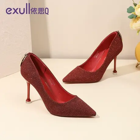 依思q红色高跟鞋女秋年新款尖头细跟秀禾婚鞋新娘鞋平时可穿商品大图
