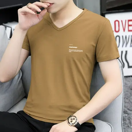 莫代尔冰丝t恤男短袖V领速干凉感夏季上衣服潮流修身半袖印花体恤商品大图