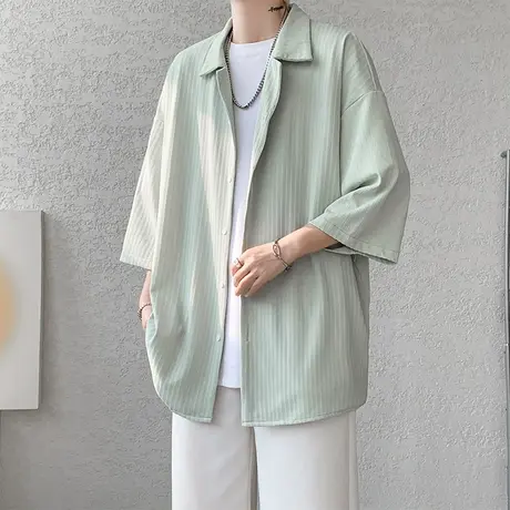 冰丝衬衫男短袖夏季垂感宽松休闲港风半袖衬衣外套潮流百搭上衣服商品大图