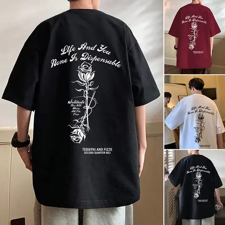 短袖T恤男夏季薄款纯棉宽松潮牌情侣体恤港风潮流玫瑰印花打底衫商品大图