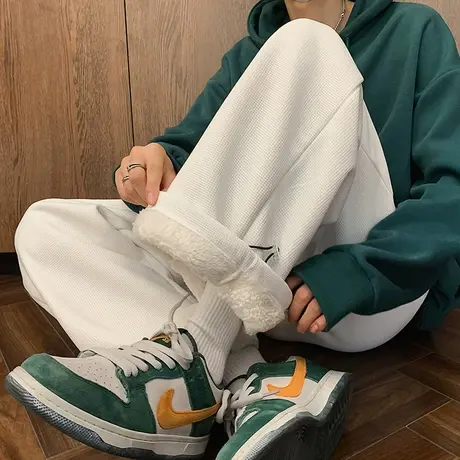 加绒卫裤男士潮牌百搭宽松直筒加厚休闲运动长裤拖地潮流纯色裤子商品大图