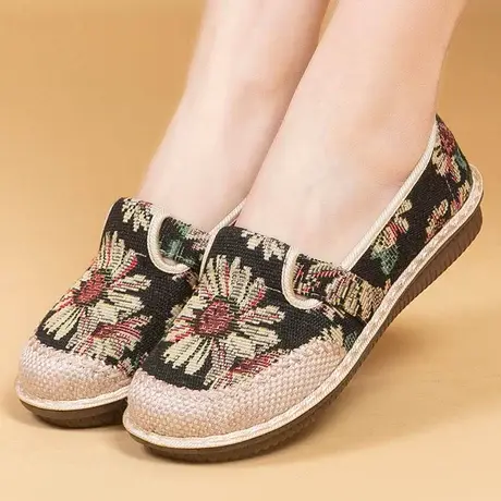 老北京布鞋女夏季新款民族风亚麻透气平底一脚蹬懒人妈妈帆布单鞋商品大图