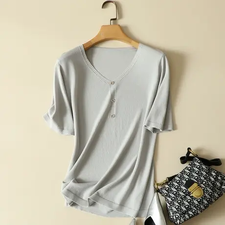 V领短袖冰丝针织衫t恤女夏季2023新款宽松显瘦百搭打底衫上衣女薄商品大图