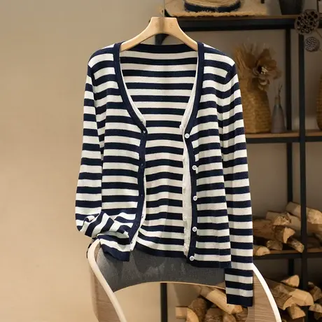 享永子假两件套条纹针织开衫女文艺复古日系休闲上衣2023春夏新款图片