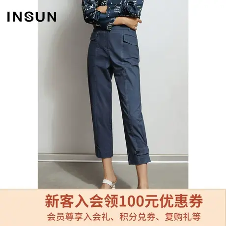 恩裳春秋季商场同款藏蓝色亚麻时尚简约都市休闲裤长裤女商品大图