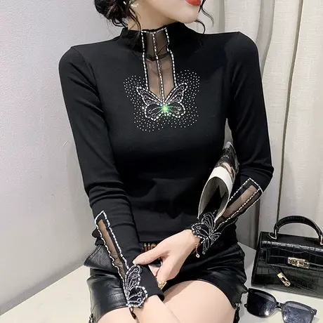 加绒打底衫女士秋冬内搭洋气半高领磨毛上衣性感网纱拼接T恤长袖商品大图