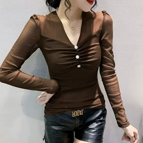 性感V领网纱打底衫女秋季2023新款时尚气质长袖T恤修身百搭上衣潮图片