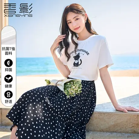 香影白色短袖t恤女2023夏装新款黑科技抗菌亮片卡通小猫宽松上衣商品大图