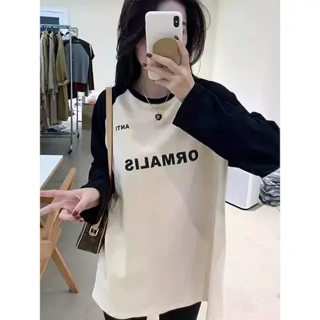 美式插肩袖t恤女宽松百搭字母印花撞色圆领长袖体恤上衣秋冬新款商品大图