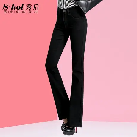 加长款喇叭裤牛仔裤女高腰显瘦弹力大码黑色微喇修身长裤商品大图