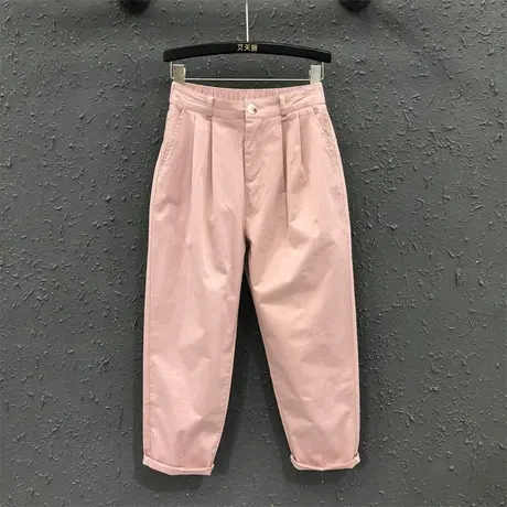 粉色休闲简约老爹裤港味时尚直筒牛仔裤女夏新款显瘦韩版哈伦裤潮商品大图