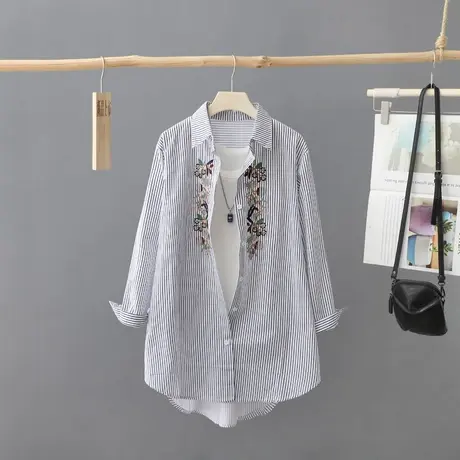 文艺范条纹长袖衬衫女纯棉刺绣花休闲打底衫2023年中长款上衣女装图片