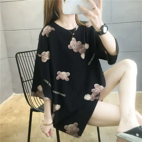 2023年夏季新款小熊短袖宽松t恤情侣女装网红超火ins潮中长款上衣商品大图