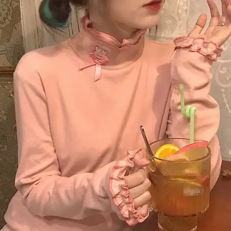 双面德绒半高领长袖t恤女春秋冬季设计感修身打底衫内搭少女上衣图片