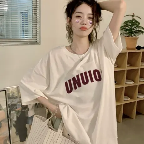 美式复古字母印花短袖t恤女夏季2023新款韩版宽松oversize上衣潮商品大图