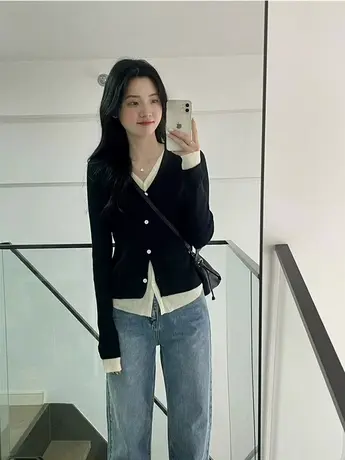 假两件针织开衫外套女2023爆款春秋季小众设计感内搭修身长袖毛衣图片