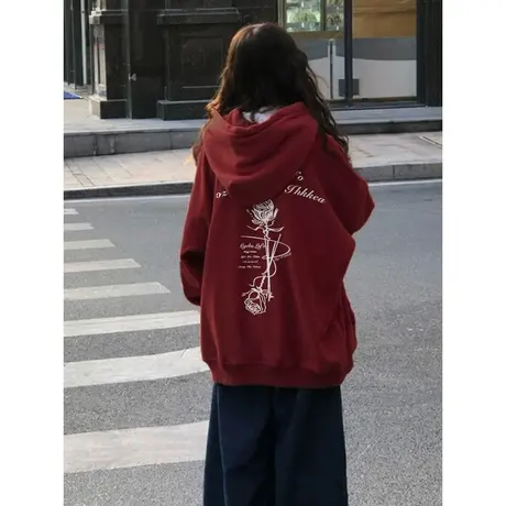 酒红色卫衣女连帽春秋薄款2023潮牌美式复古oversize宽松上衣外套图片