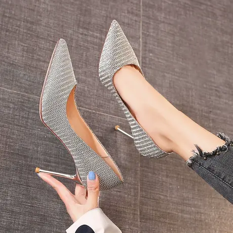 名媛高跟鞋女细跟2023年新款春季法式单鞋尖头银色性感伴娘新娘鞋图片