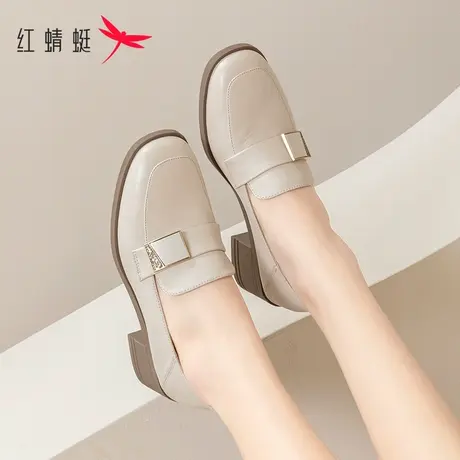 红蜻蜓乐福鞋女鞋2023秋季新款法式粗跟小皮鞋百搭一脚蹬高跟单鞋商品大图