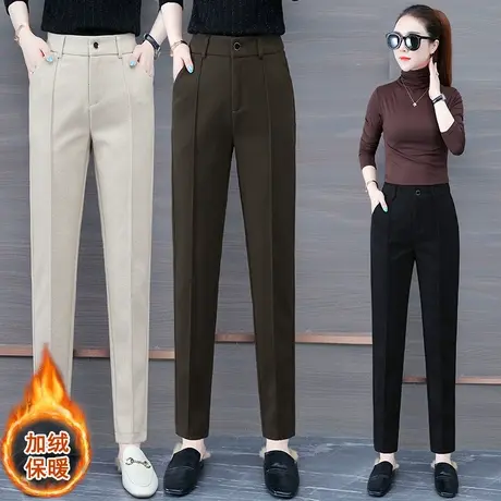 灰色西装毛呢裤女冬加绒加厚小脚烟管裤子直筒2023新款休闲哈伦裤商品大图