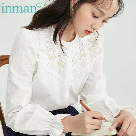 茵曼旗舰店蕾丝衬衫甜美风女2023春季新款水溶花边花苞袖提花衬衣商品大图