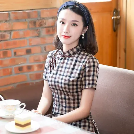 筠雅唐装女中国风棉上衣格子旗袍改良短袖茶服复古中式禅意女装商品大图