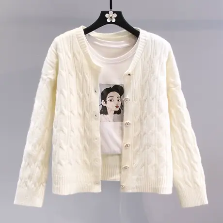 小香风麻花毛衣外套女秋冬2023年新款宽松学院风外搭短款针织开衫图片