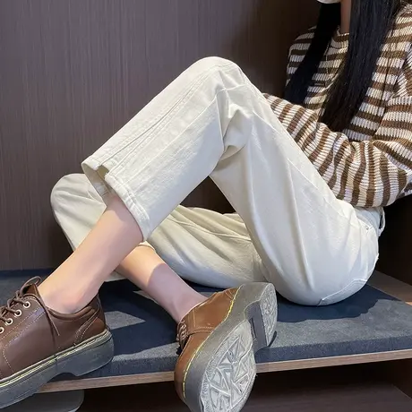 直筒牛仔裤女2023年秋冬季新款高腰显瘦加绒小个子开叉九分烟管裤商品大图