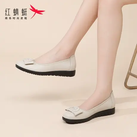红蜻蜓女鞋春秋软底鞋子一脚蹬懒人白色小皮鞋女真皮牛皮单鞋妈妈图片