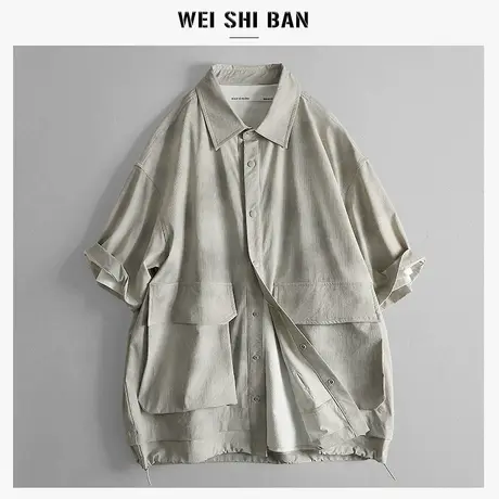 夏季美式休闲工装风短袖衬衣外套廓形多口袋设计潮酷街头风一体装商品大图
