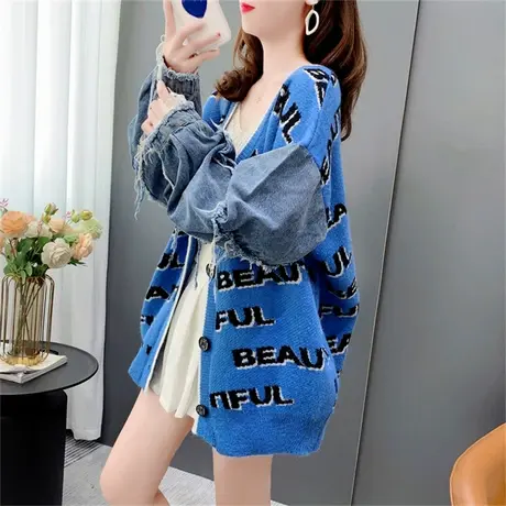 牛仔袖拼接针织开衫女秋季2022新款宽松慵懒风设计感毛衣外套上衣商品大图