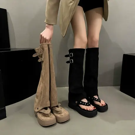 复古夹趾罗马凉靴女2025新款夏季百搭高筒堆堆裤管靴两穿厚底凉鞋图片