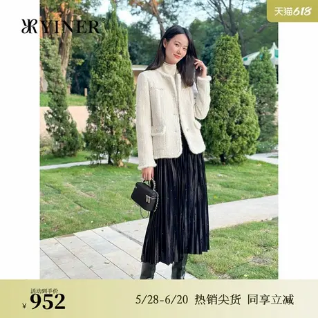YINER音儿专选2024冬季新款小香风水貂毛边圆领亮丝粗花呢羽绒服商品大图