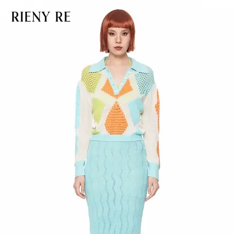 RIENYRE衬衫女春秋季撞色菱格镂空翻针织衫时尚性感辣妹V领打底衫商品大图